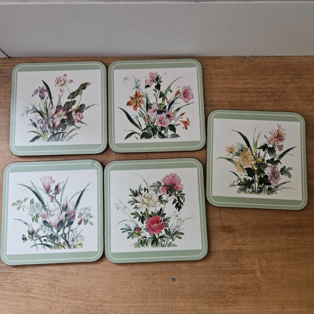 VTG Pimpernel England Floral Cork Back Coasters Set‎ of 5 Botanical Cottagecore